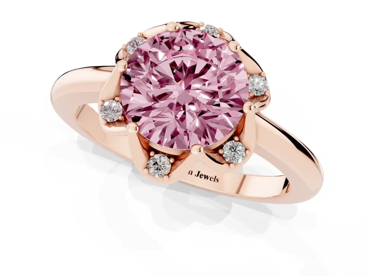 Fancy Pink Round Cut Halo Diamond Ring with Round Cluster Setting, Solitaire Band, and Four-Prong Setting Rose gold