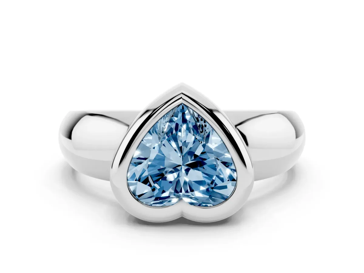 Fancy Blue Bezel Set Heart Cut Solitaire Ring with Wide Band Platinum