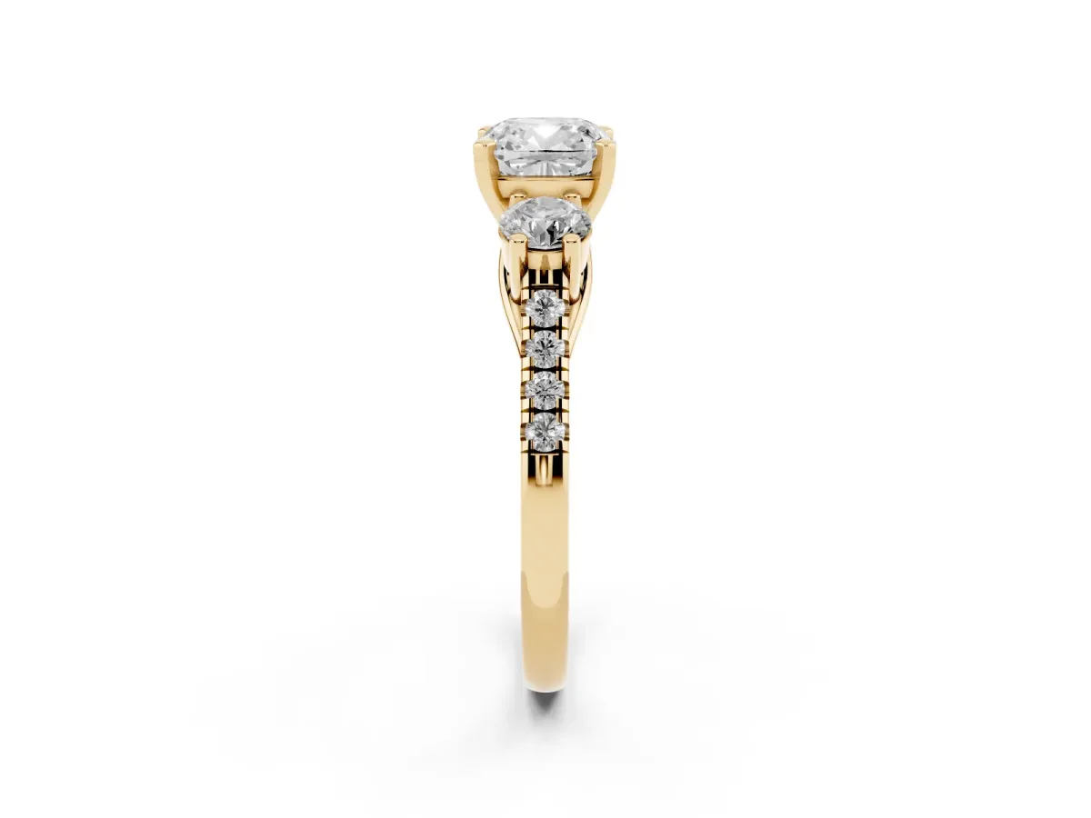 Three-Stone Cushion Cut Diamond Pavé Band with Four-Prong Setting Yellow gold