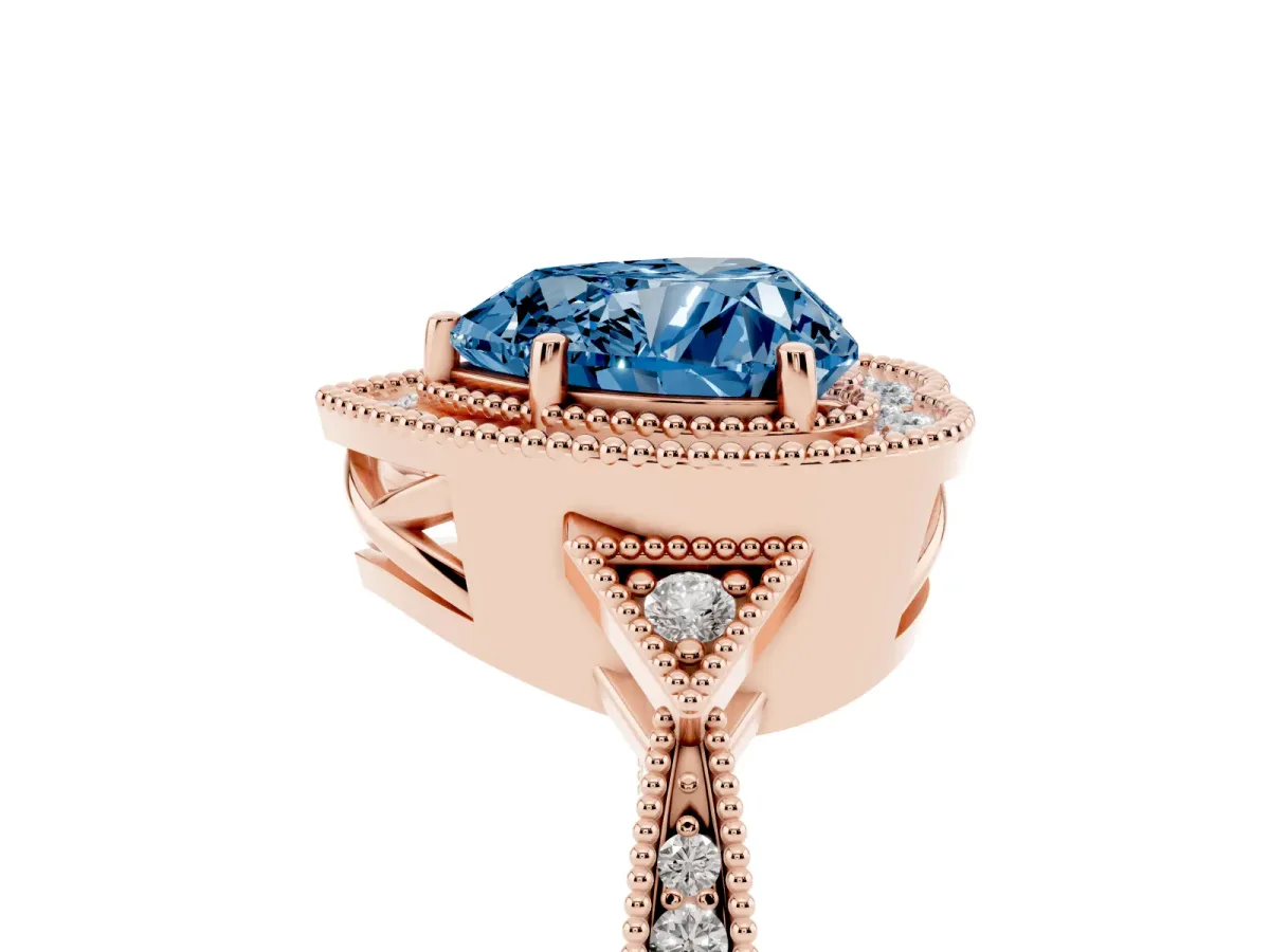 Fancy Blue Heart Cut Halo Round Diamond Milgrain Pave Engagement Ring Rose gold