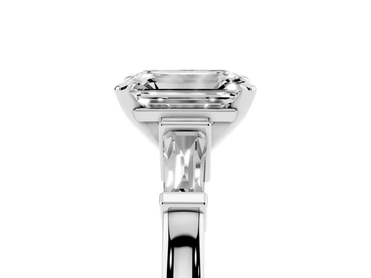 Emerald Cut Cut Diamond Solitaire Ring with Tapered Baguette Accents and Four-Prong Setting Silver