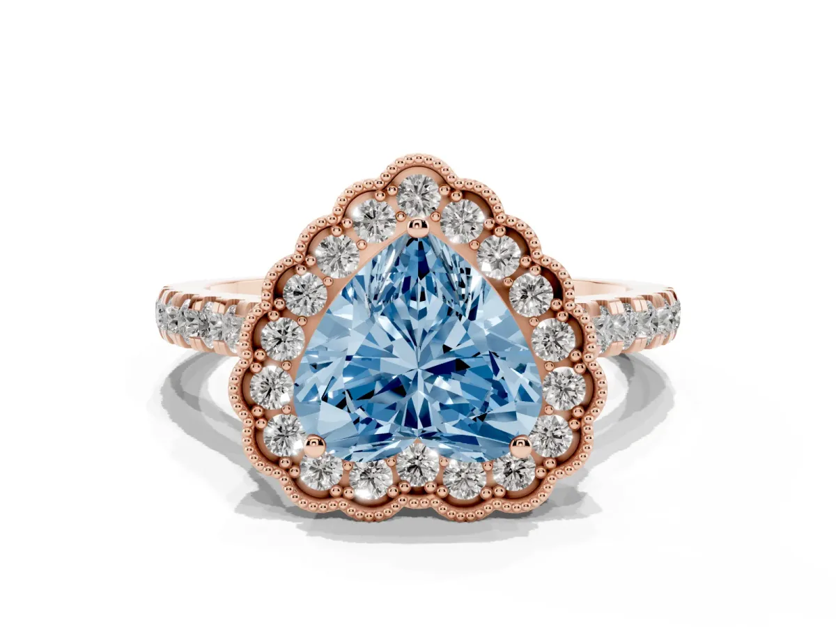 Fancy Blue Heart Cut Cut Diamond Milgrain Floral Halo Engagement Ring with Pavé Band Rose gold