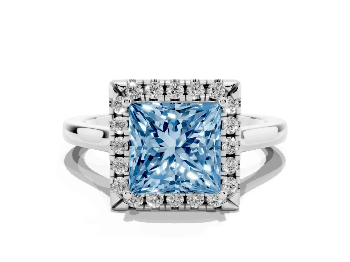 Fancy Blue Princess Cut Halo Round Diamond Solitaire Ring with Pavé Band and Four-Prong Setting Silver