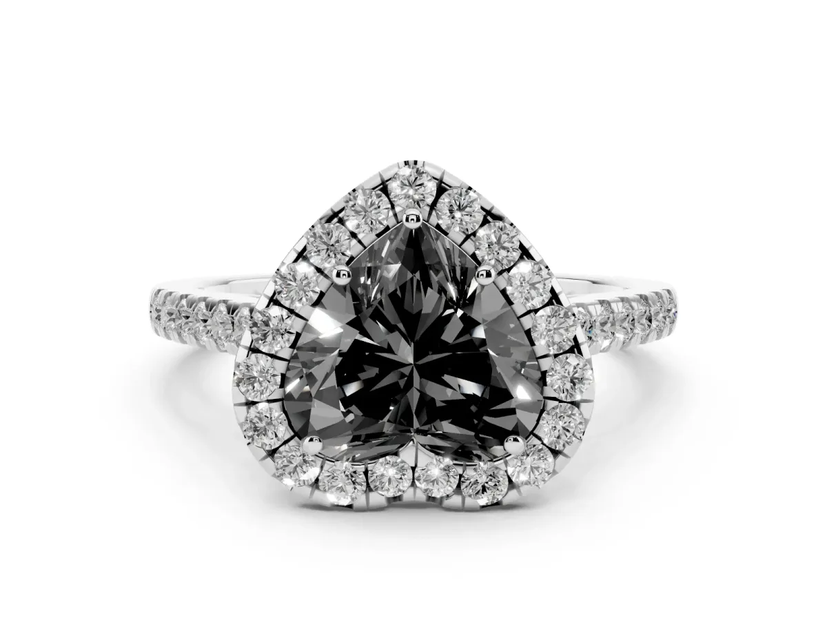Fancy Black Heart Cut Halo Pave Diamond Engagement Ring with Four-Prong Setting Silver