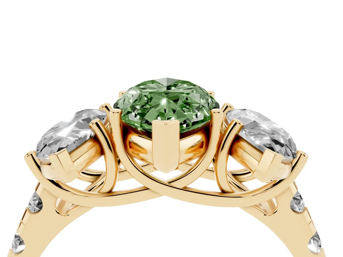 Fancy Green Three-Stone Marquise Cut Diamond Pavé Band with Prong Setting Yellow gold