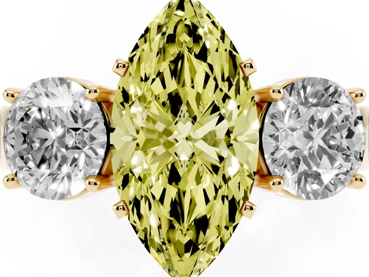 Fancy Yellow Three-Stone Marquise Cut Diamond Ring with Round Side Stones, Classic Band, and Four-Prong Setting Yellow gold