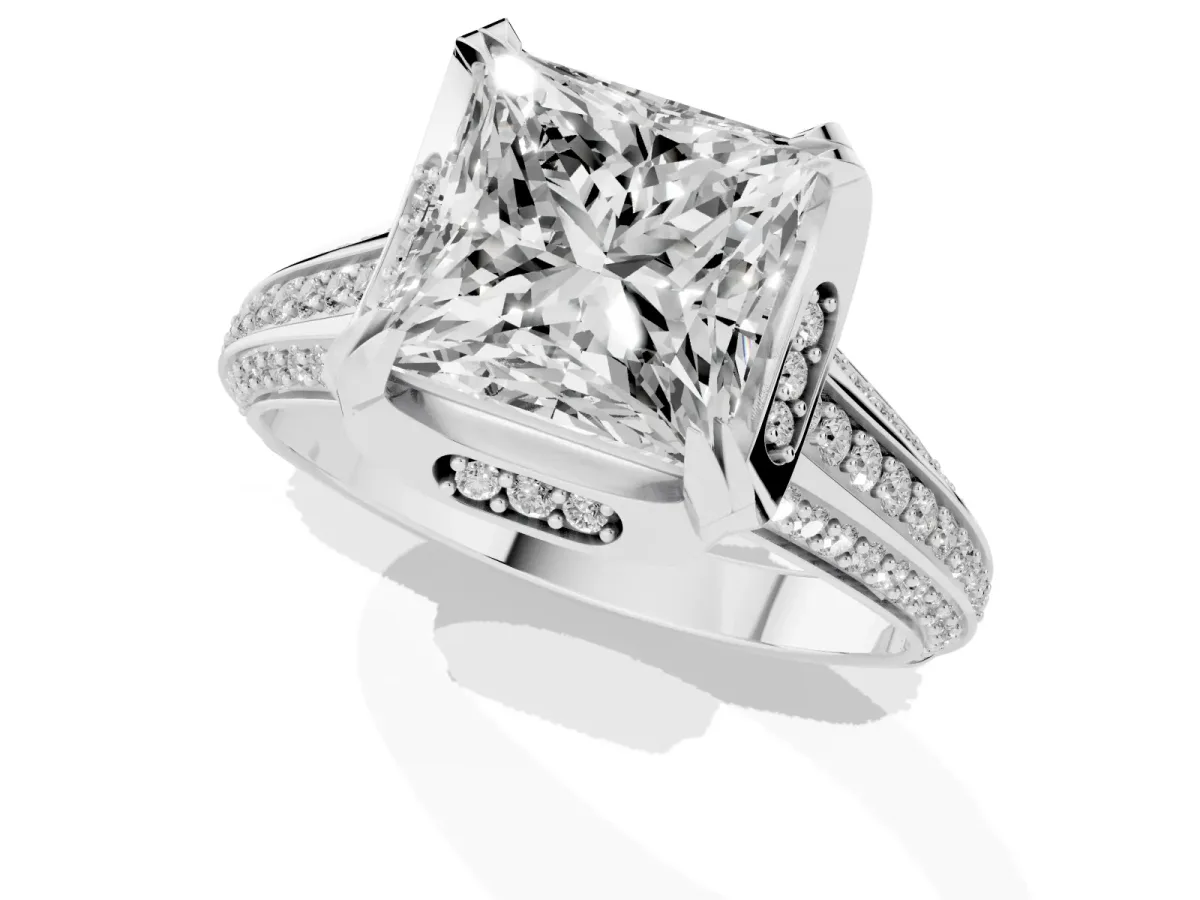 Princess Cut Solitaire Pave Split Shank Ring with Four-Prong Setting Platinum
