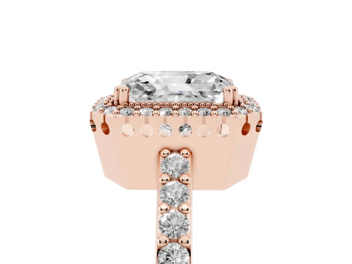 Radiant Cut Cut Diamond Halo Engagement Ring with Milgrain Detail and Pavé Band Rose gold