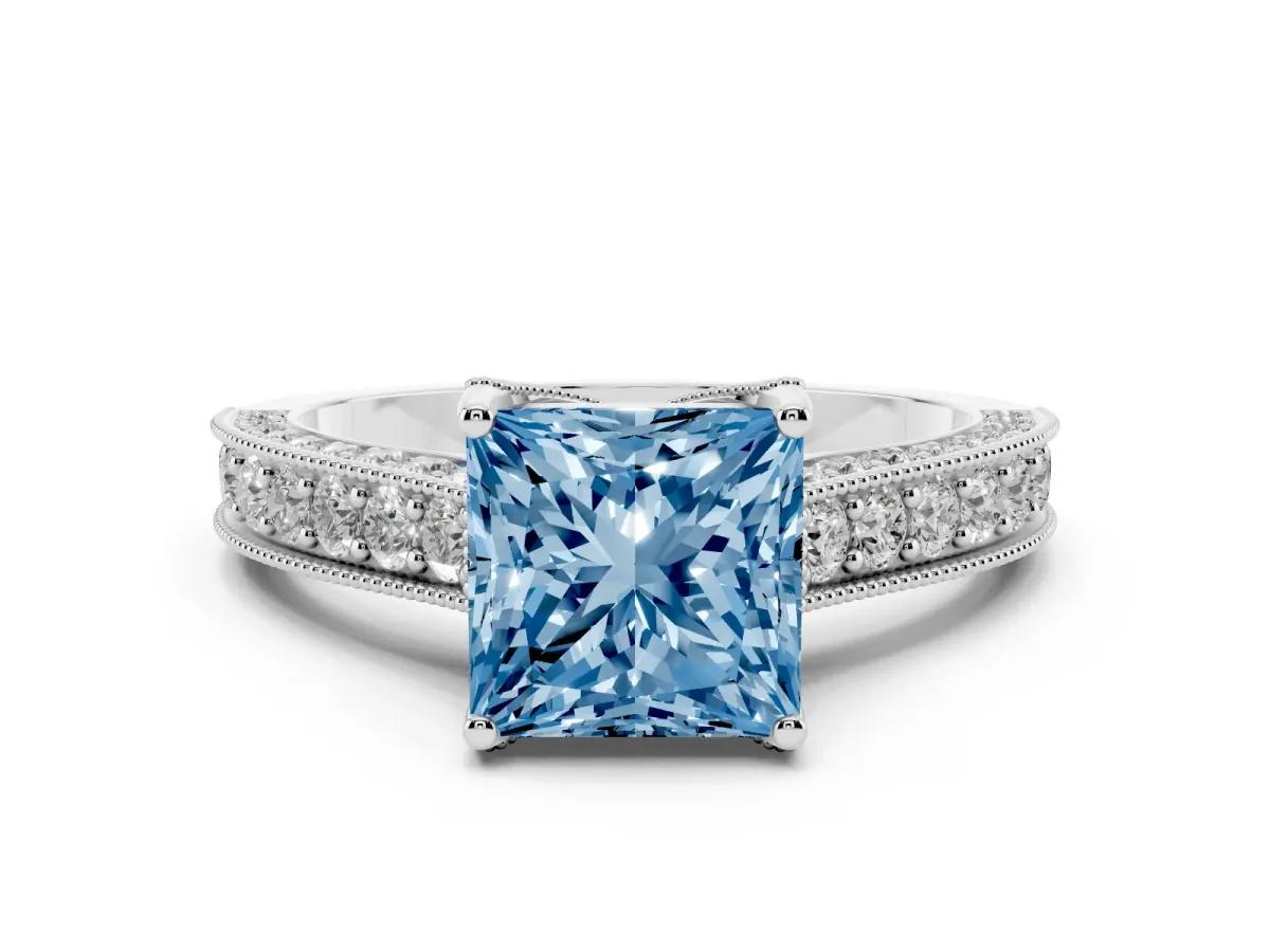 Fancy Blue Princess Cut Cut Diamond Solitaire Ring with Milgrain Pave Band and Four Prong Setting Silver