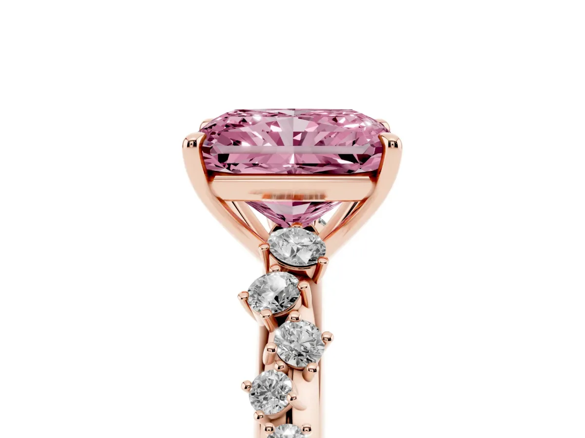 Fancy Pink Radiant Cut Diamond Cluster Side Stone Solitaire Ring with Prong Setting Rose gold