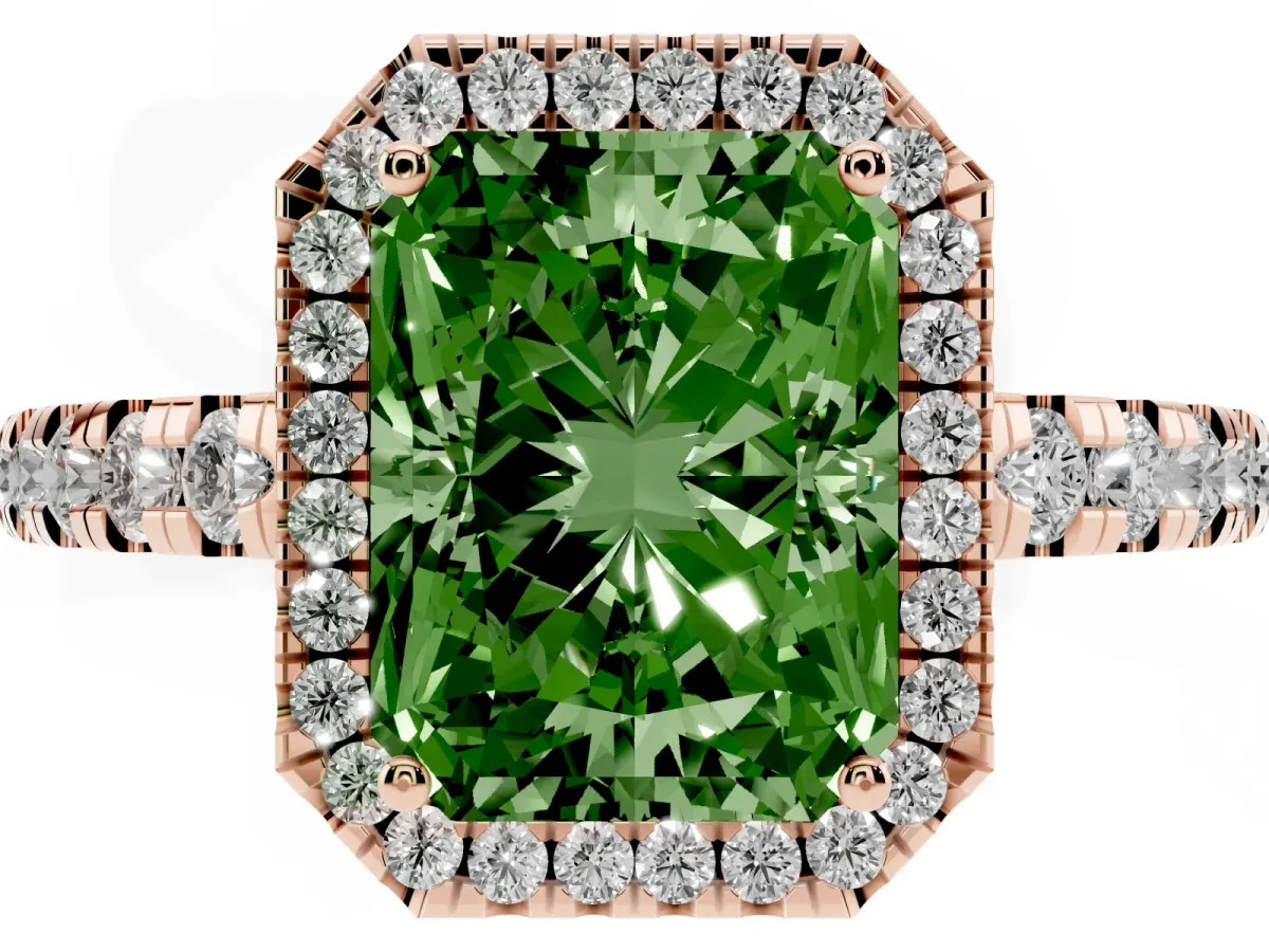 Fancy Green Radiant Cut Diamond Halo Ring with Pavé Band and Four-Prong Setting Rose gold