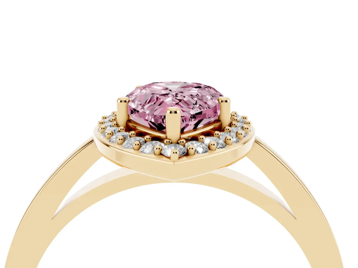Fancy Pink Pear Cut Halo Diamond Ring with Solitaire Band and Prong Setting Yellow gold