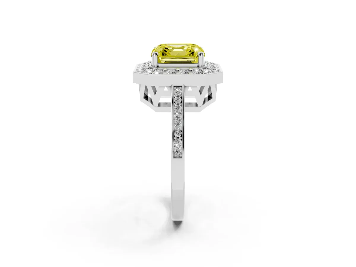 Fancy Yellow Asscher Cut Diamond Halo Ring with Split Shank and Four-Prong Setting Silver
