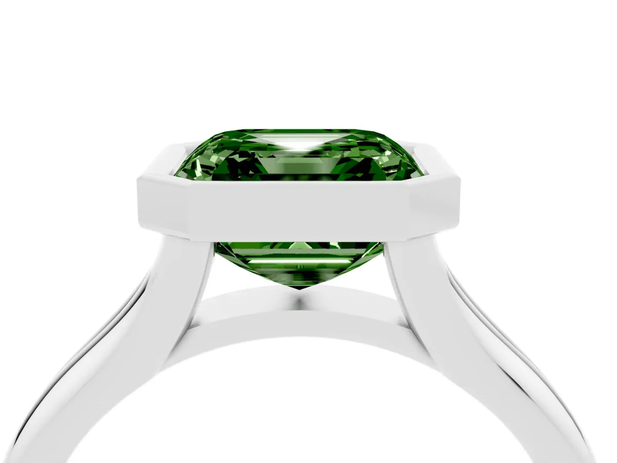 Fancy Green Bezel Set Asscher Cut Solitaire Diamond Ring with Smooth Band Platinum