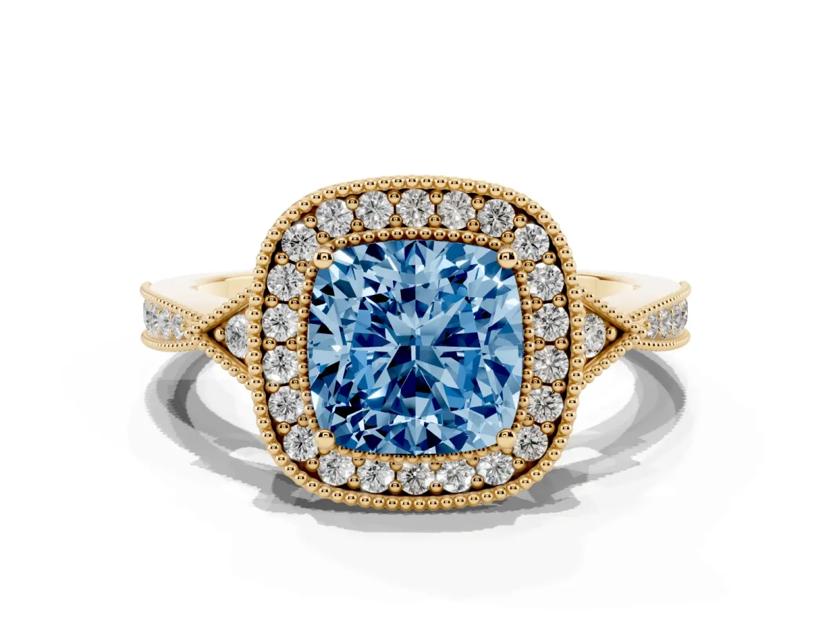 Fancy Blue Cushion Cut Halo Round Diamond Milgrain Pave Engagement Ring Yellow gold