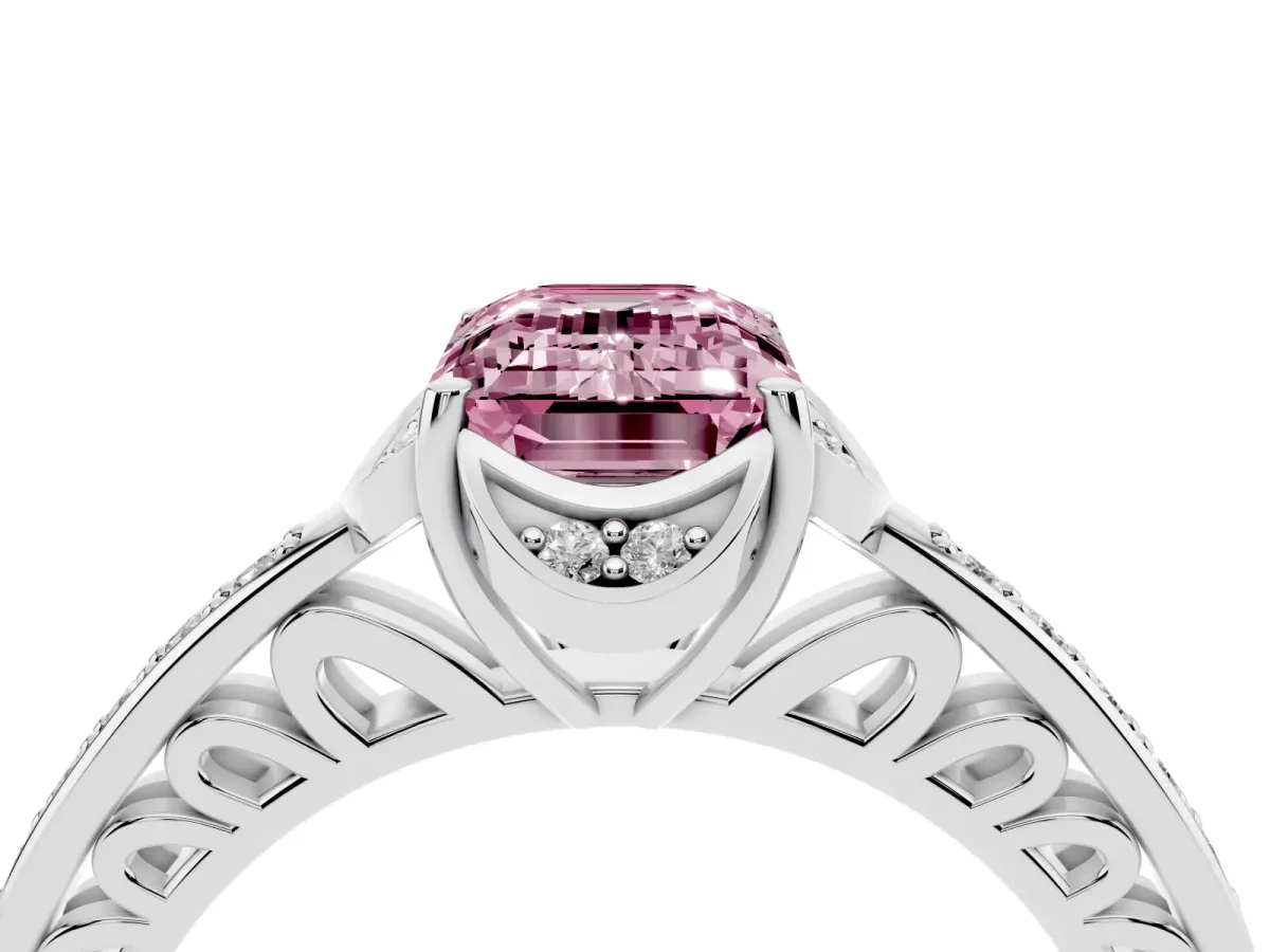 Fancy Pink Emerald Cut Cut Halo Diamond Ring with Channel Set Band and Four-Prong Setting White gold