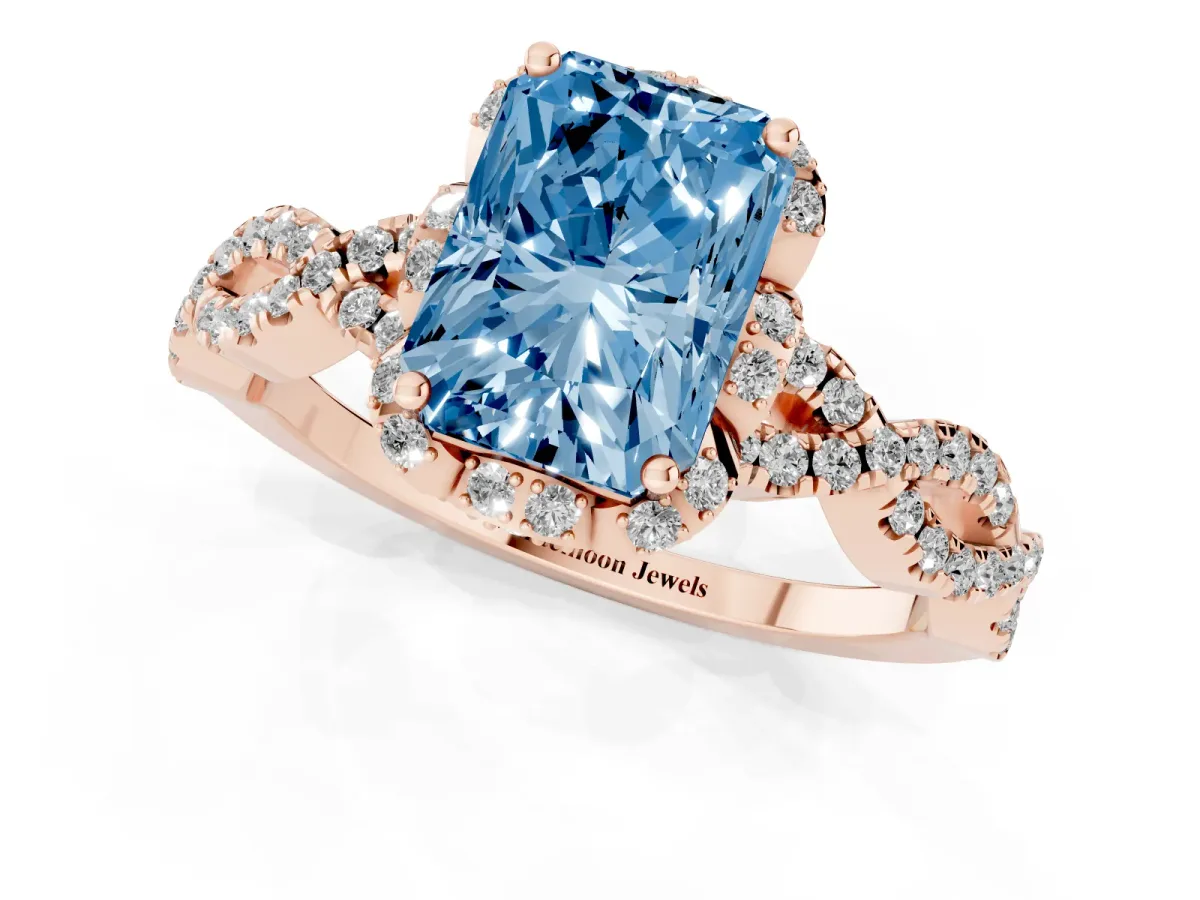 Fancy Blue Radiant Cut Halo Twist Band Solitaire Ring with Six-Prong Setting Rose gold