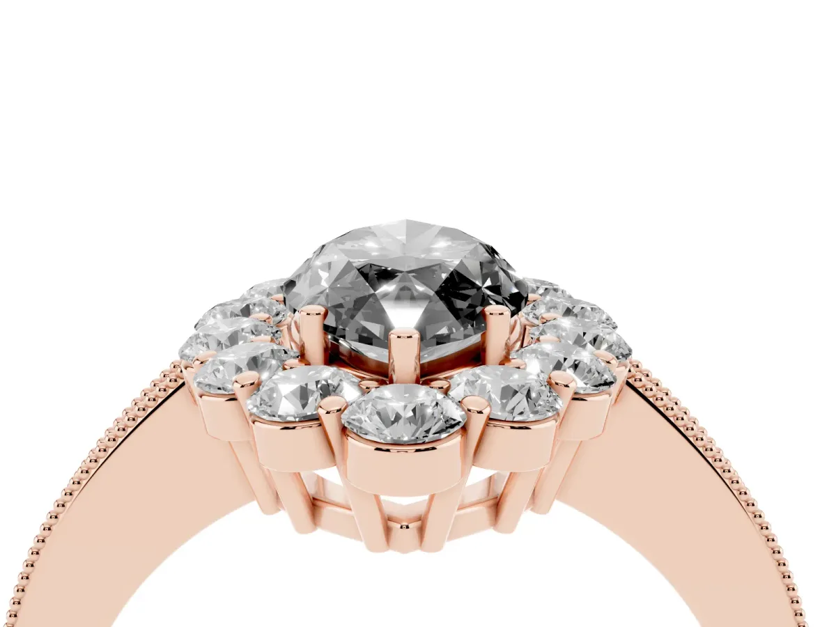 Fancy Black Marquise Cut Cut Halo Diamond Pavé Engagement Ring with Milgrain Detailing Rose gold