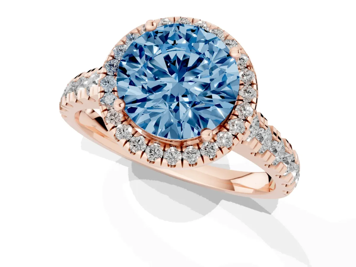 Fancy Blue Round Cut Halo Pavé Diamond Engagement Ring with Four-Prong Setting Rose gold