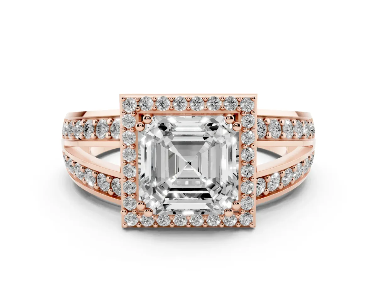 Asscher Cut Diamond Halo Ring with Split Shank Pavé Band and Four-Prong Setting Rose gold