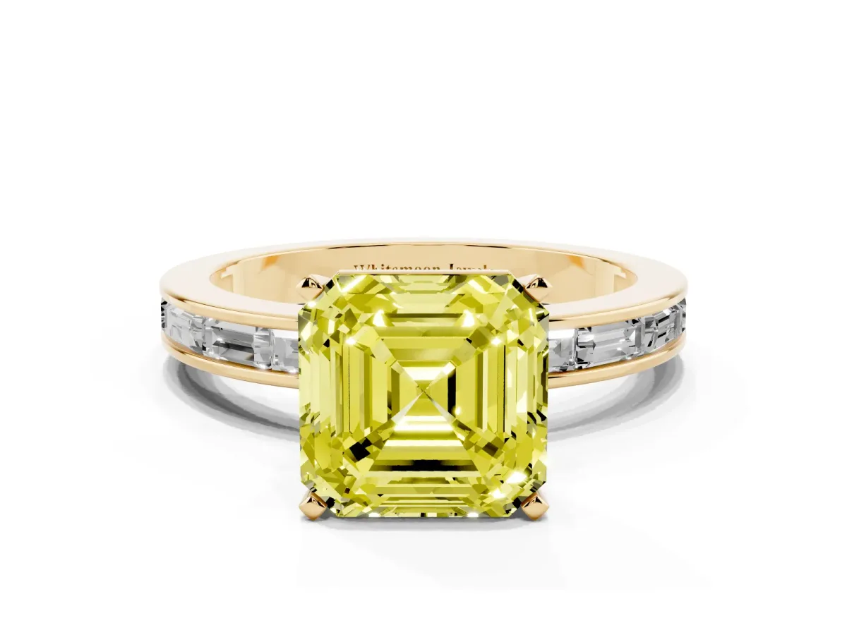 Fancy Yellow Asscher Cut Solitaire Diamond Ring with Channel-Set Baguette Band and Four-Prong Setting Yellow gold