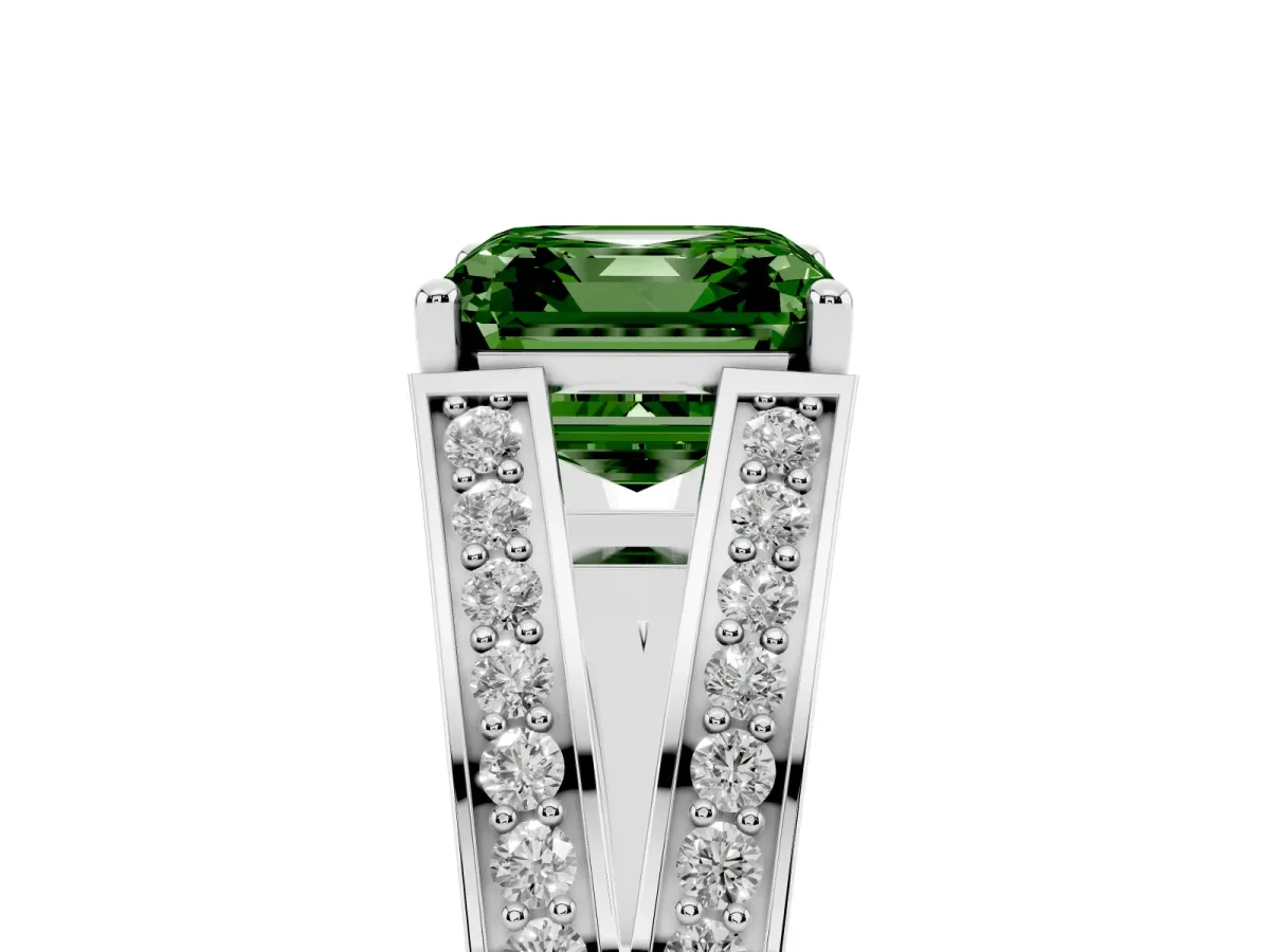 Fancy Green Asscher Cut Diamond Split Shank Ring with Pavé Band and Four-Prong Setting Silver