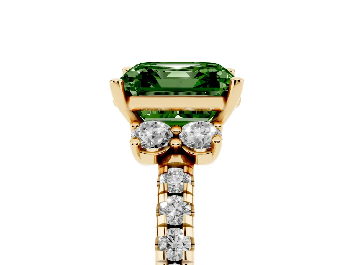 Fancy Green Asscher Cut Diamond Three-Stone Pave Band with Four-Prong Setting Yellow gold
