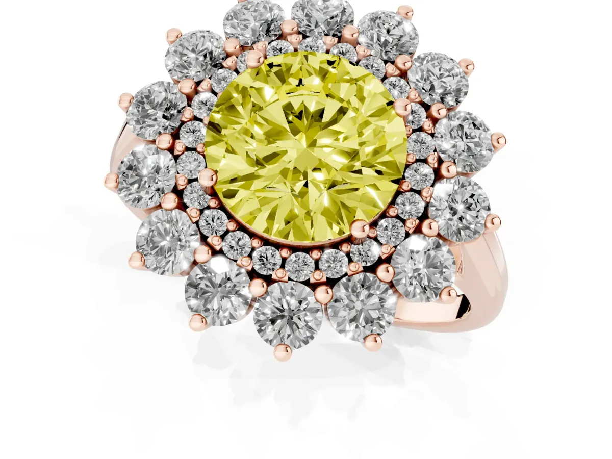 Fancy Yellow Round Cut Diamond Floral Double Halo Engagement Ring with Prong Setting Rose gold