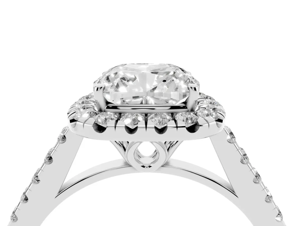 Cushion Cut Halo Pavé Diamond Engagement Ring with Four-Prong Setting Platinum