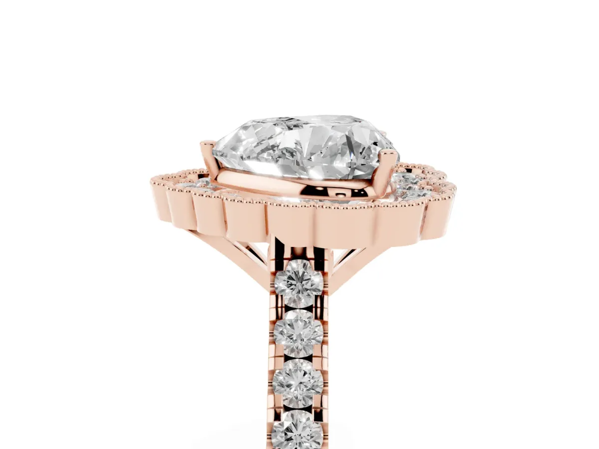 Heart Cut Cut Diamond Milgrain Floral Halo Engagement Ring with Pavé Band Rose gold