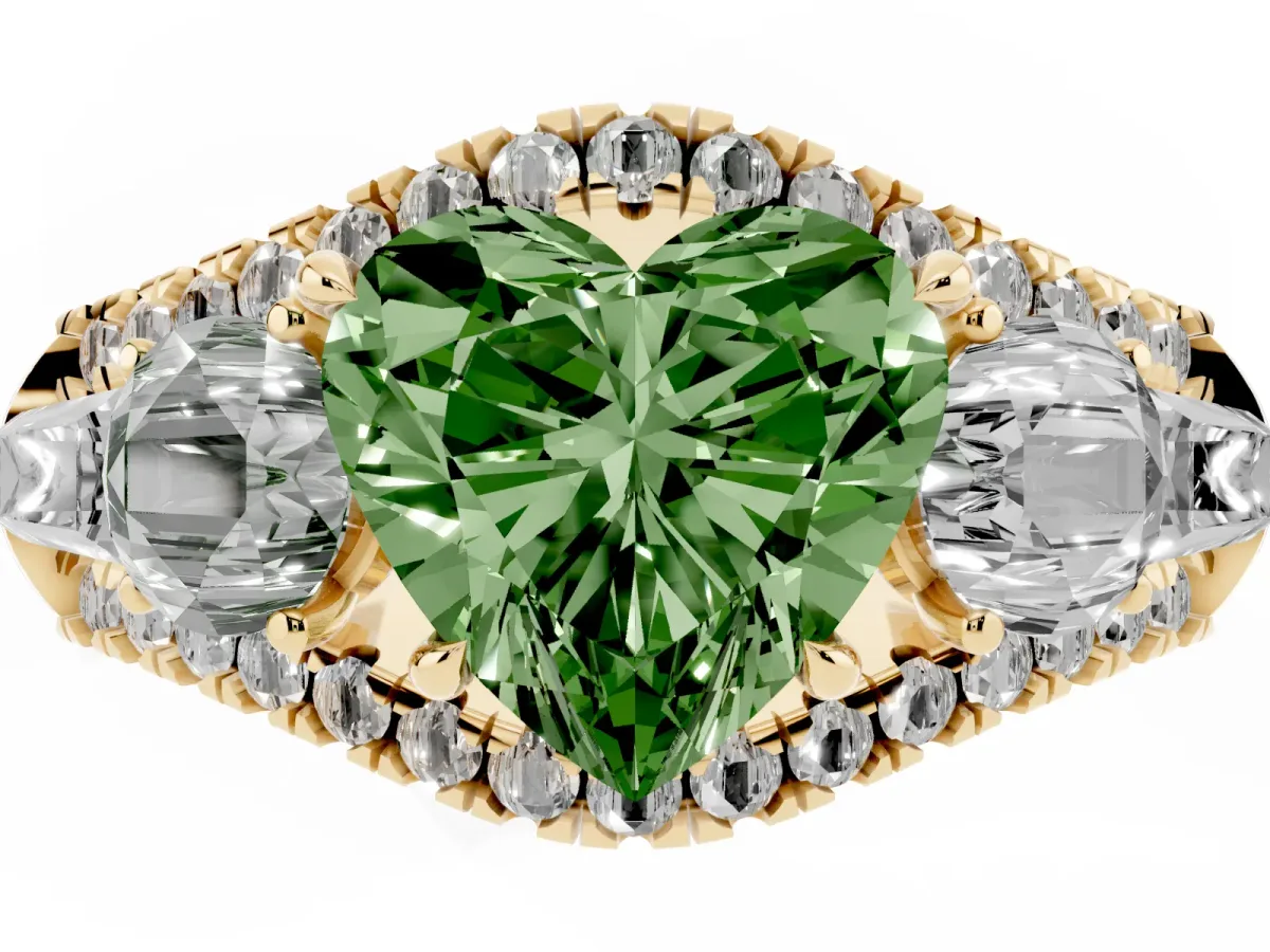Fancy Green Three-Stone Heart Cut Diamond Engagement Ring with Pave Band and Prong Setting Yellow gold
