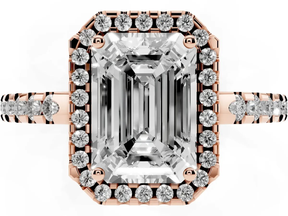 Emerald Cut Diamond Halo Engagement Ring with Pavé Band and Prong Setting Rose gold