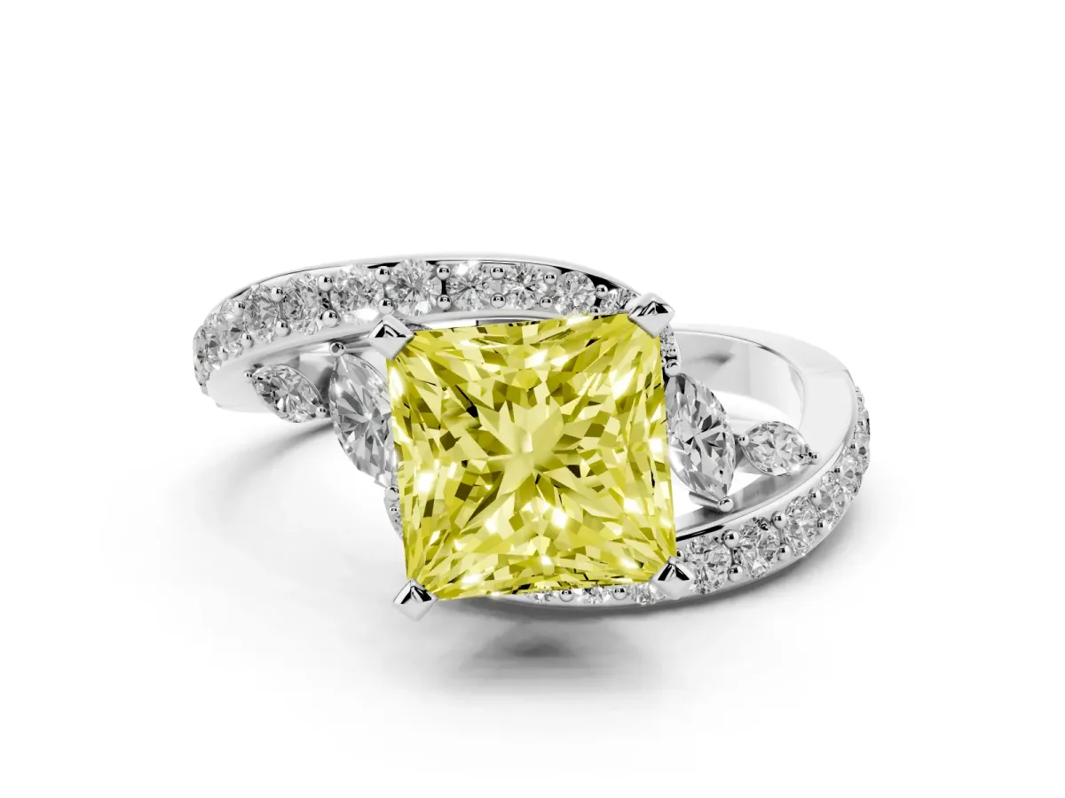 Fancy Yellow Princess Cut Solitaire with Pavé Twist Band and Four-Prong Setting Silver