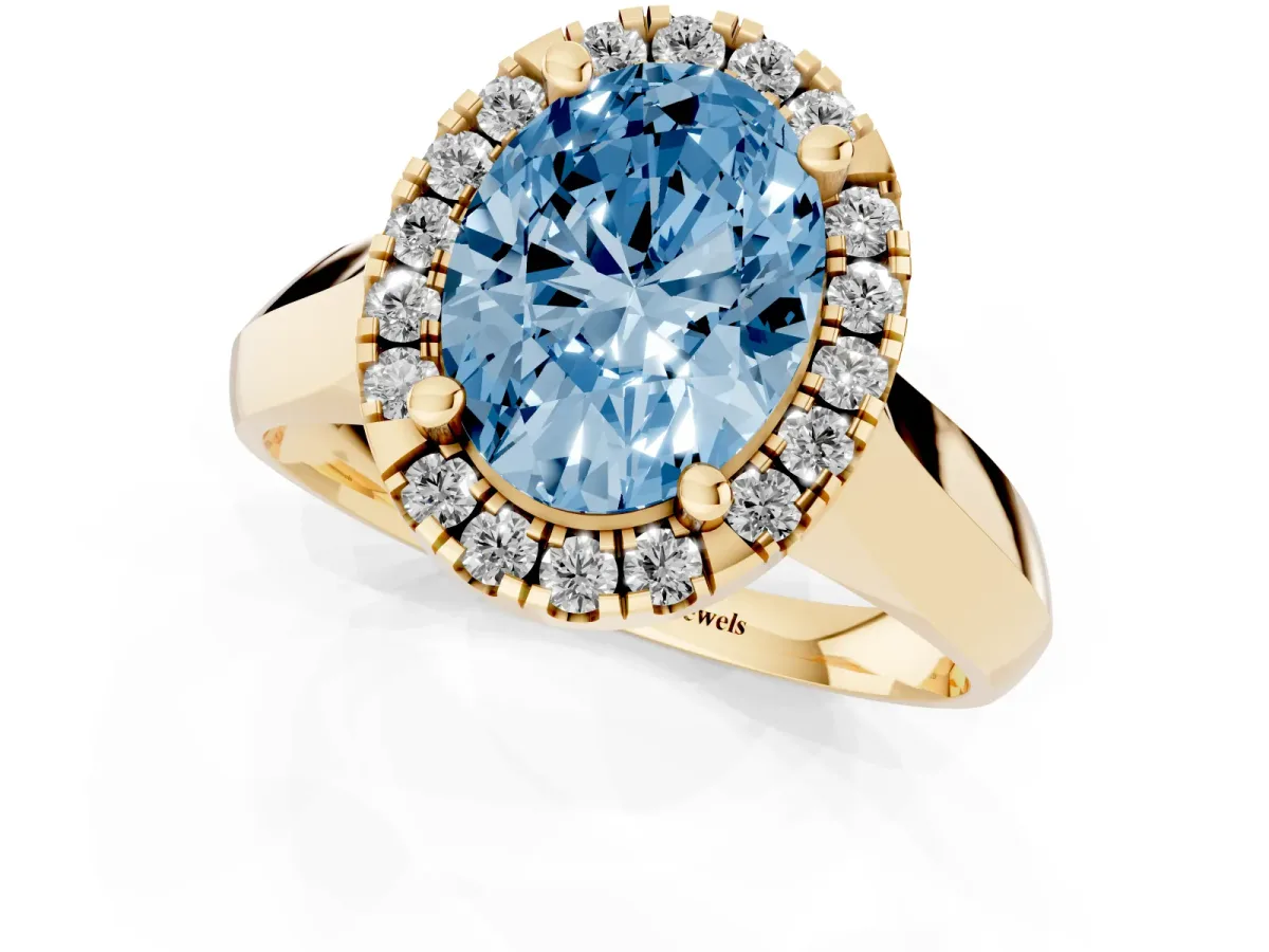 Fancy Blue Oval Cut Cut Halo Solitaire Engagement Ring with Square Band and Four-Prong Setting Yellow gold