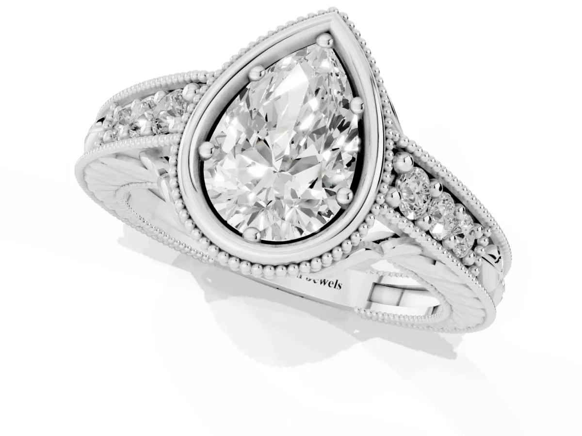 Bezel Set Pear Cut Diamond Milgrain Pave Engagement Ring Silver