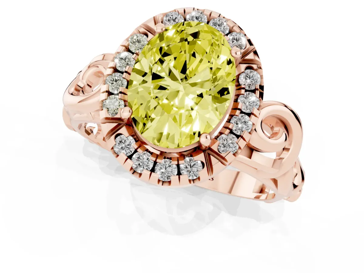Fancy Yellow Oval Cut Cut Halo Diamond Ring with Scrollwork Band and Four-Prong Setting Rose gold