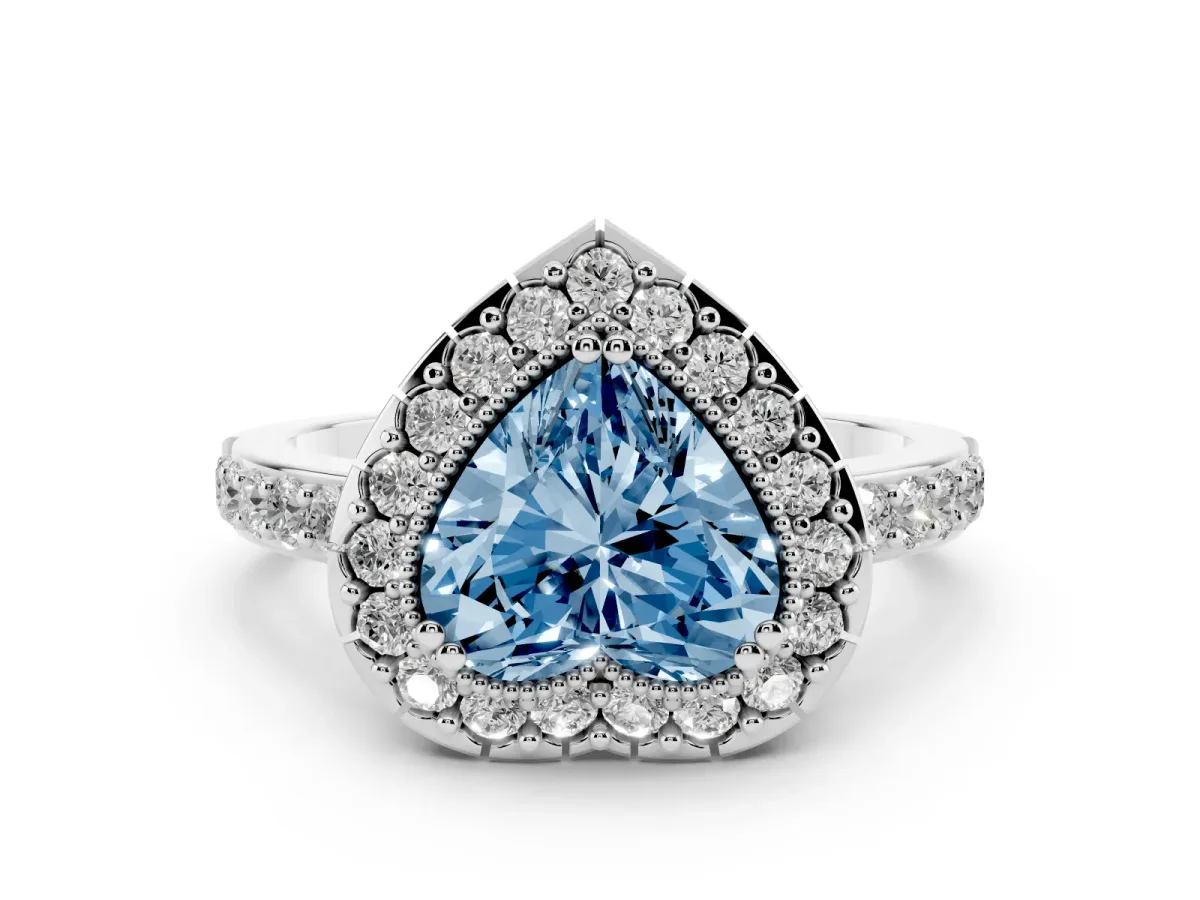 Fancy Blue Heart Cut Diamond Halo Ring with Pavé Band and Prong Setting White gold