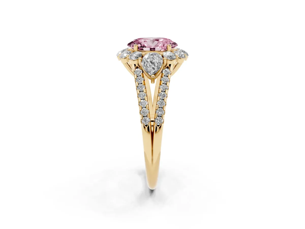 Fancy Pink Oval Cut Halo Split Shank Diamond Engagement Ring with Prong Setting Yellow gold