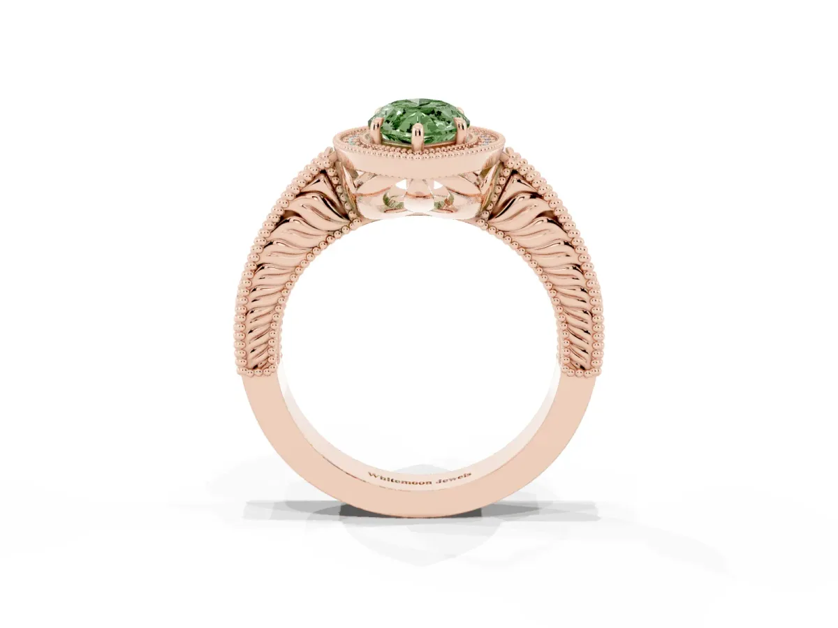 Fancy Green Marquise Cut Cut Halo Diamond Ring with Pavé Band and Four-Prong Setting Rose gold