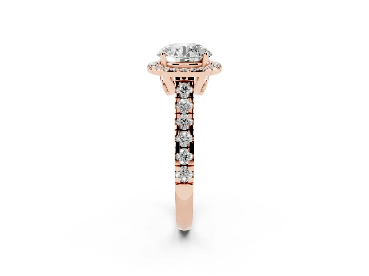 Round Cut Halo Pavé Diamond Engagement Ring with Four-Prong Setting Rose gold
