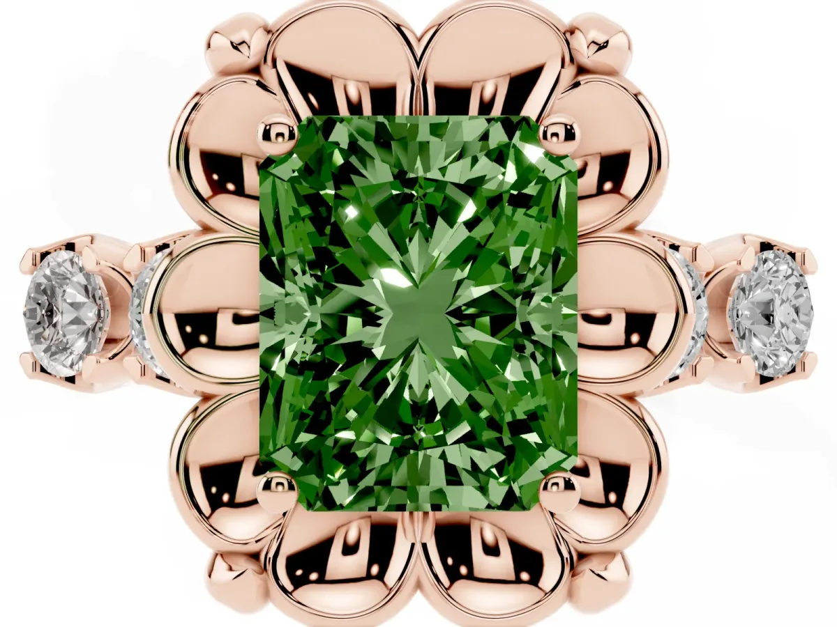 Fancy Green Radiant Cut Cut Diamond Floral Halo Engagement Ring with Shared Prong Setting Rose gold
