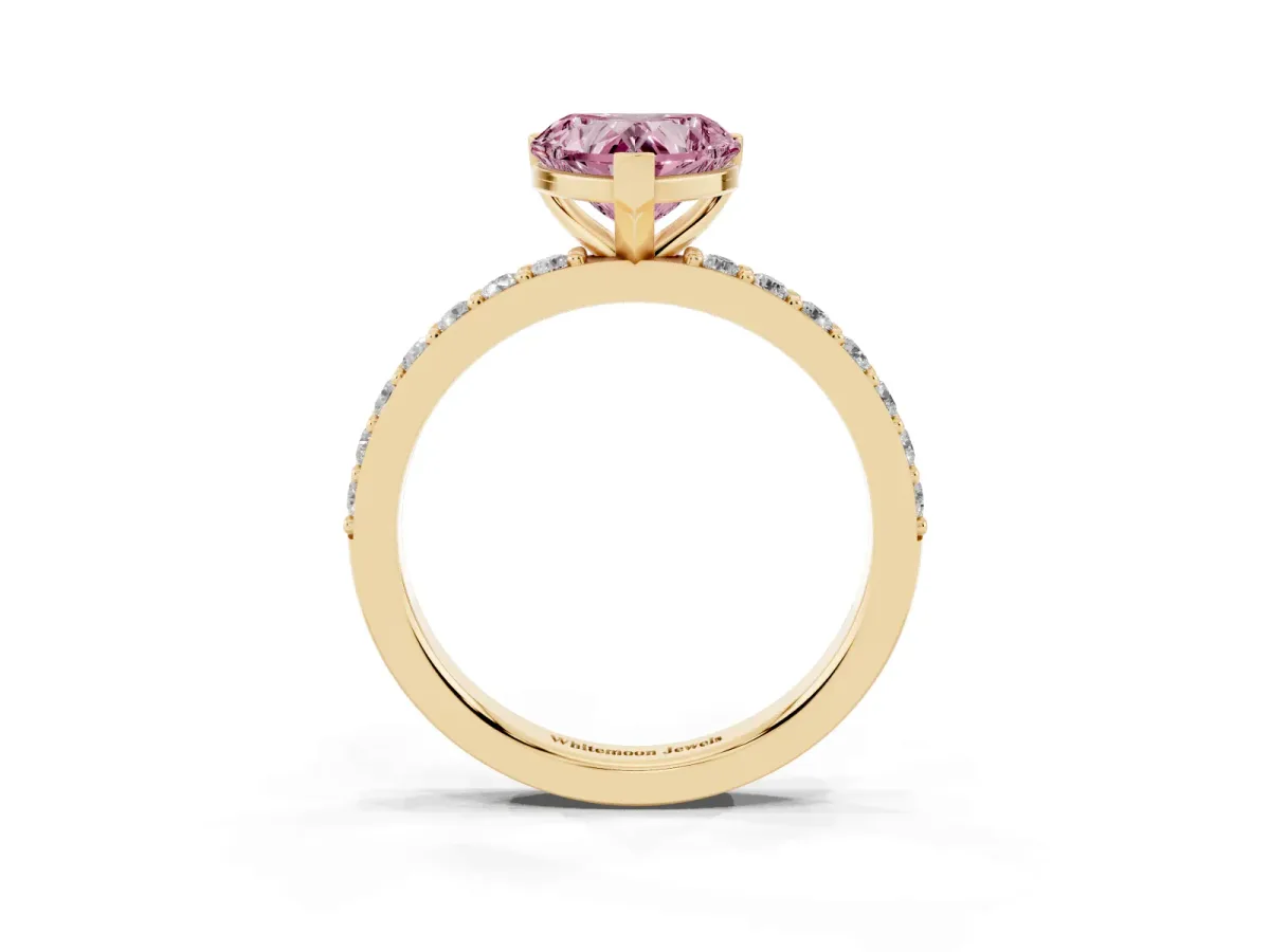 Fancy Pink Heart Cut Cut Diamond Solitaire with Pave Band and Four-Prong Setting Yellow gold