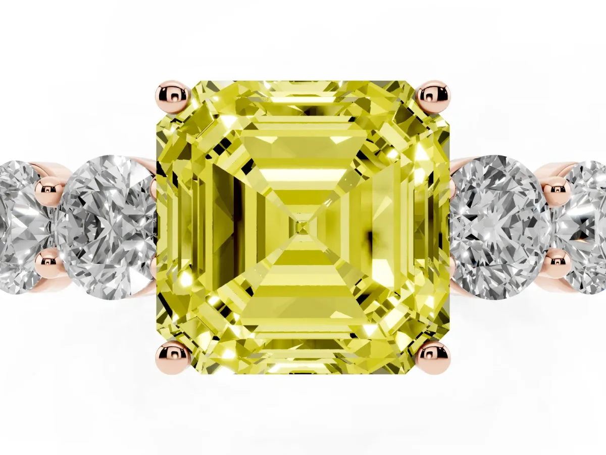 Fancy Yellow Asscher Cut Cut Five-Stone Prong Set Diamond Ring with Classic Band Rose gold