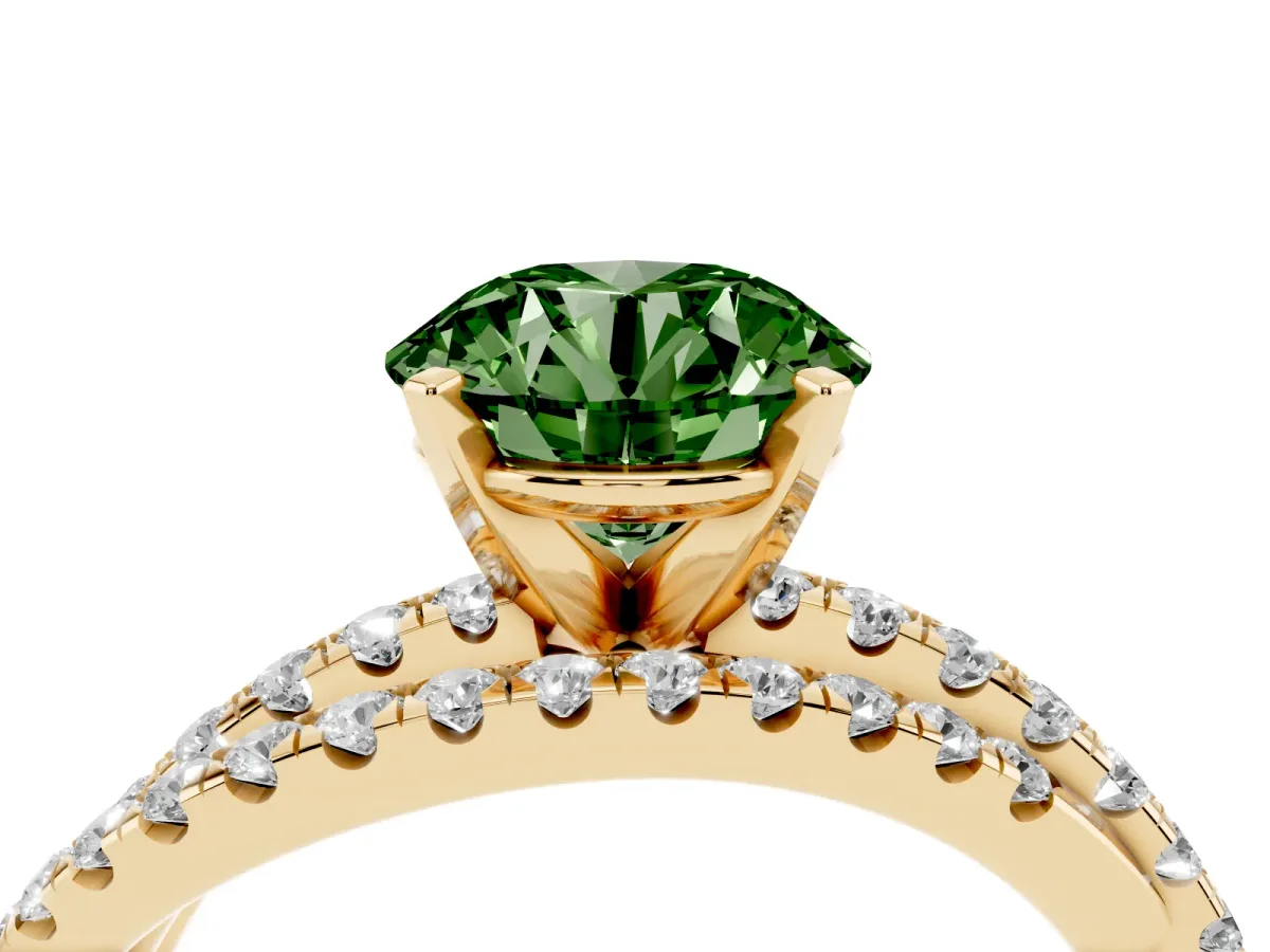 Fancy Green Round Cut Solitaire Twist Band with Pavé Setting and Four-Prong Setting Yellow gold