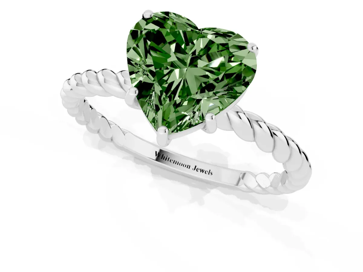 Fancy Green Heart Cut Solitaire Twisted Band 4-Prong Ring Silver