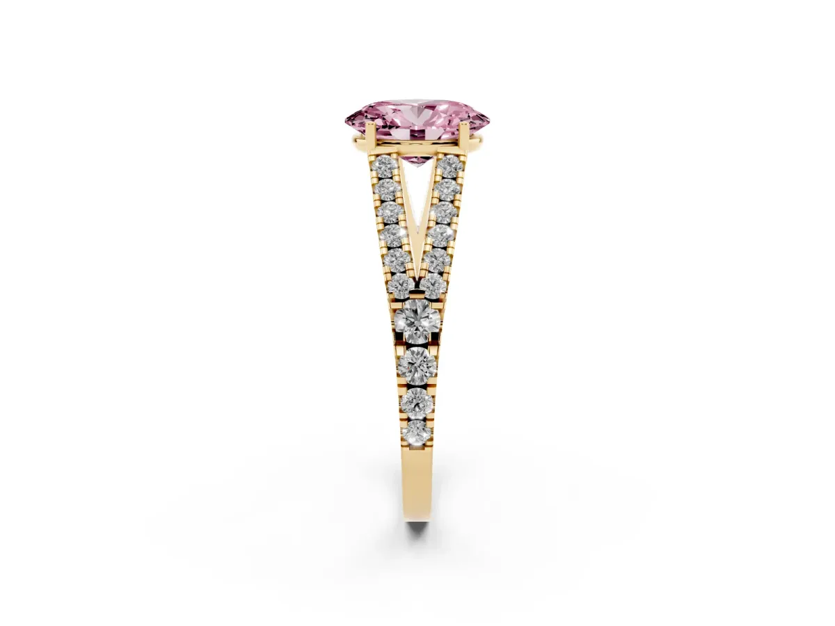 Fancy Pink Oval Cut Diamond Split Shank Pavé Engagement Ring with Four-Prong Setting Yellow gold