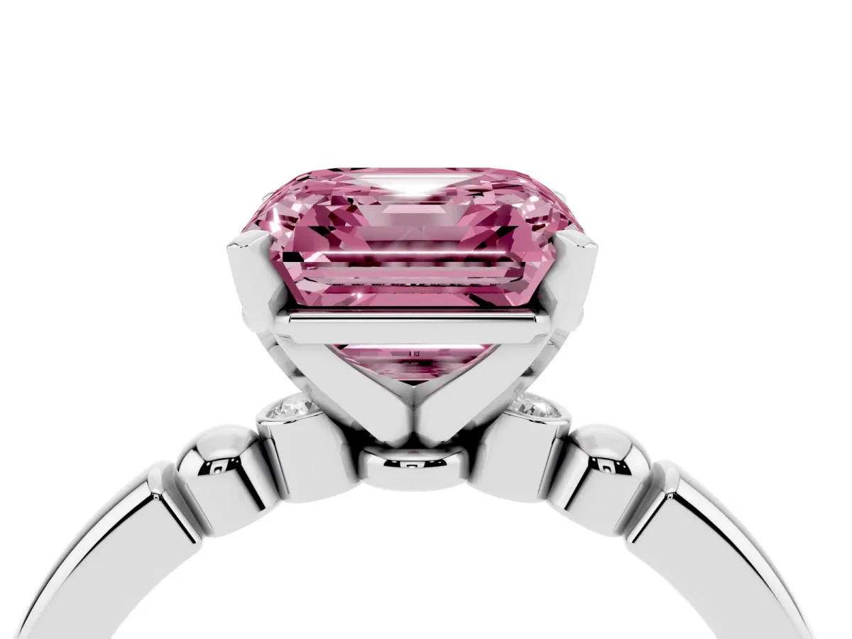 Fancy Pink Asscher Cut Solitaire Beaded Band with Four-Prong Setting Silver
