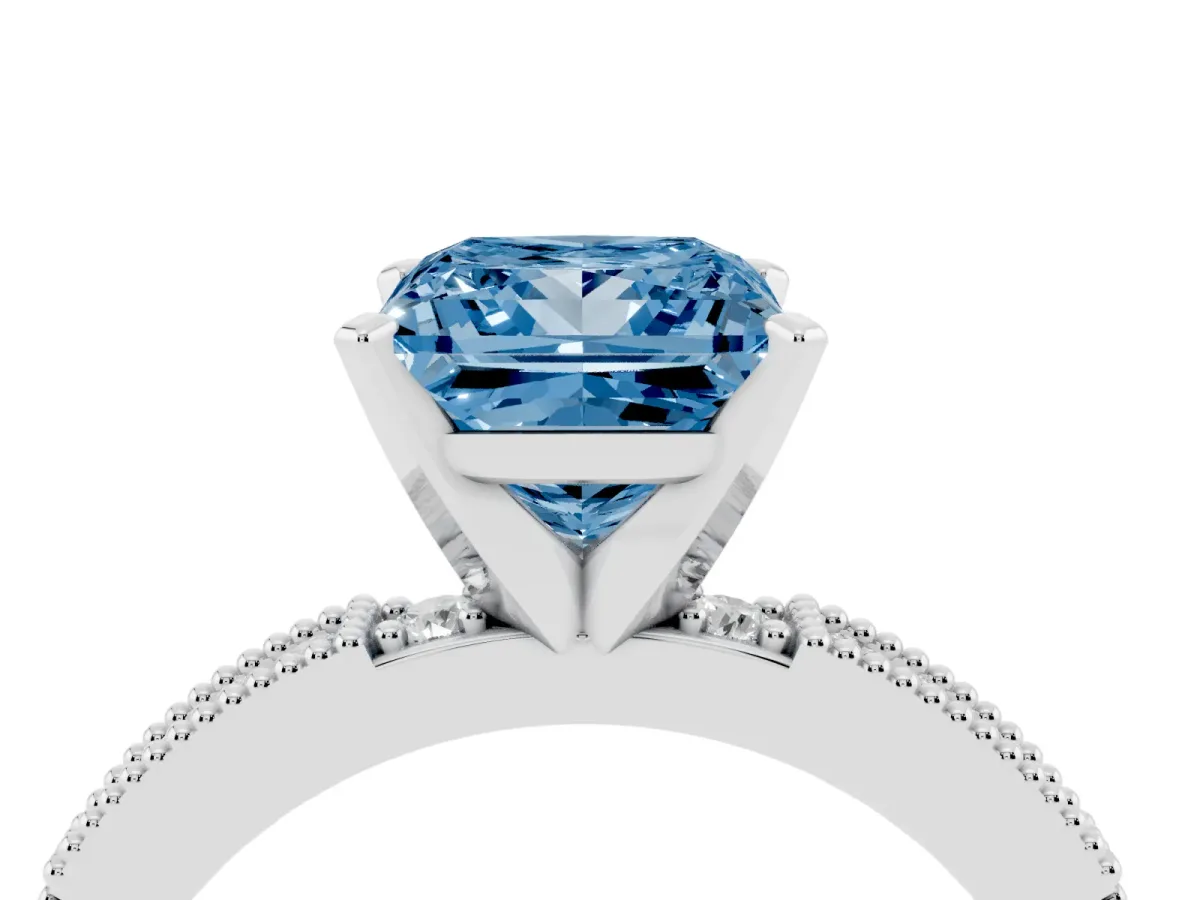 Fancy Blue Princess Cut Solitaire with Pavé Band and Four-Prong Setting Silver