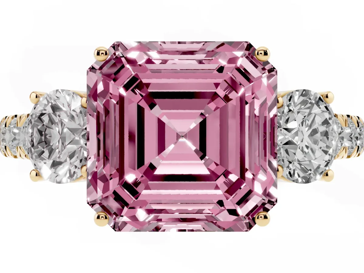 Fancy Pink Asscher Cut Cut Diamond Three-Stone Ring with Round Side Stones and Pavé Band Yellow gold
