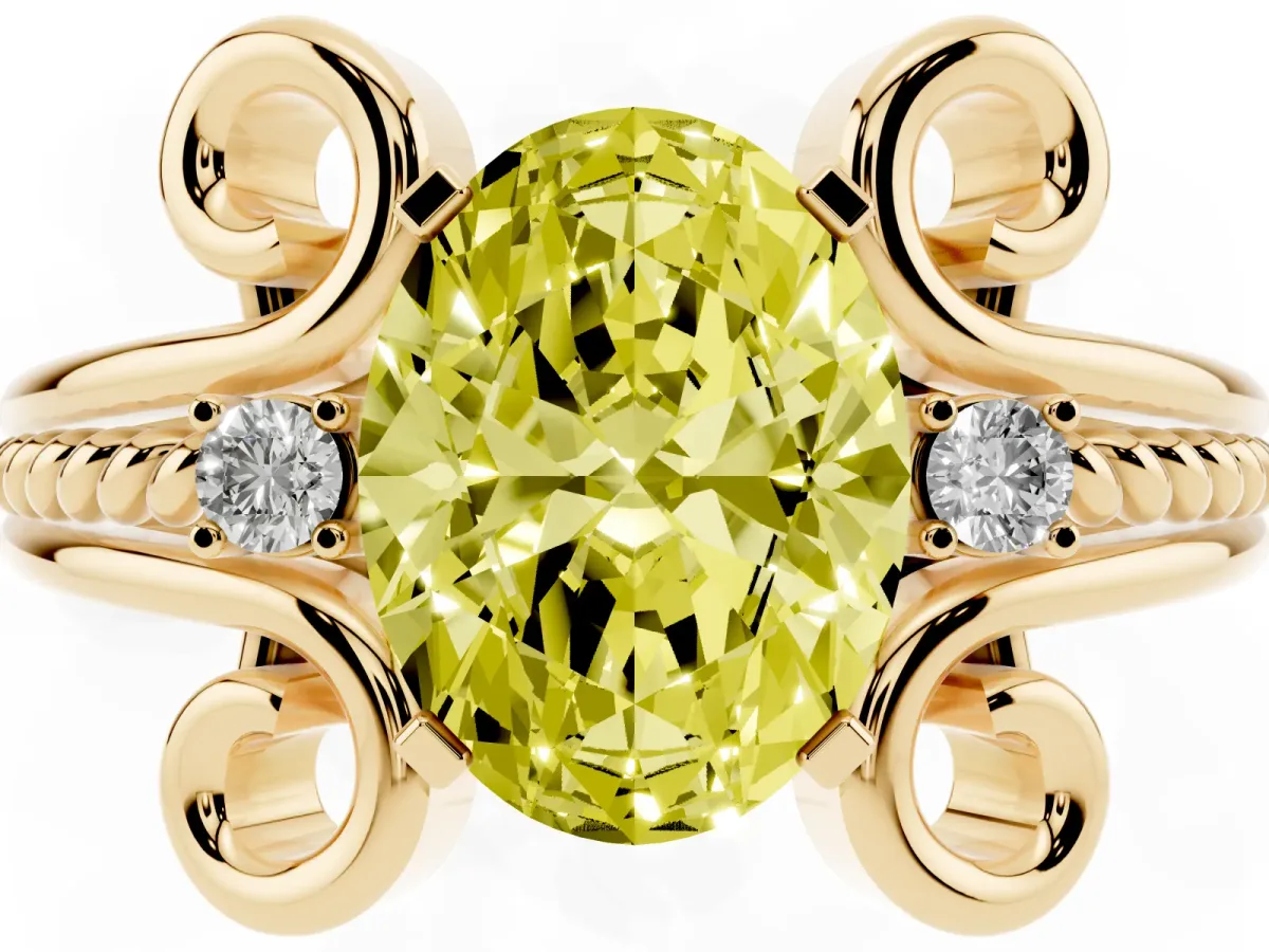 Fancy Yellow Oval Cut Solitaire Twisted Band Scroll Prong Ring Yellow gold